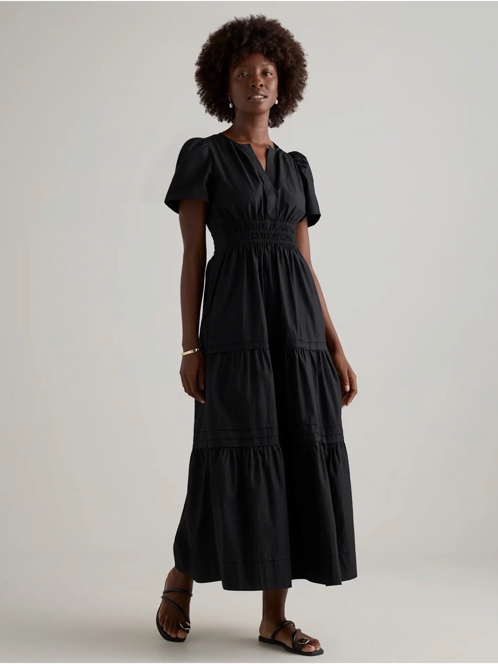 Quince Organic Cotton Poplin Tiered Maxi Dress in Black